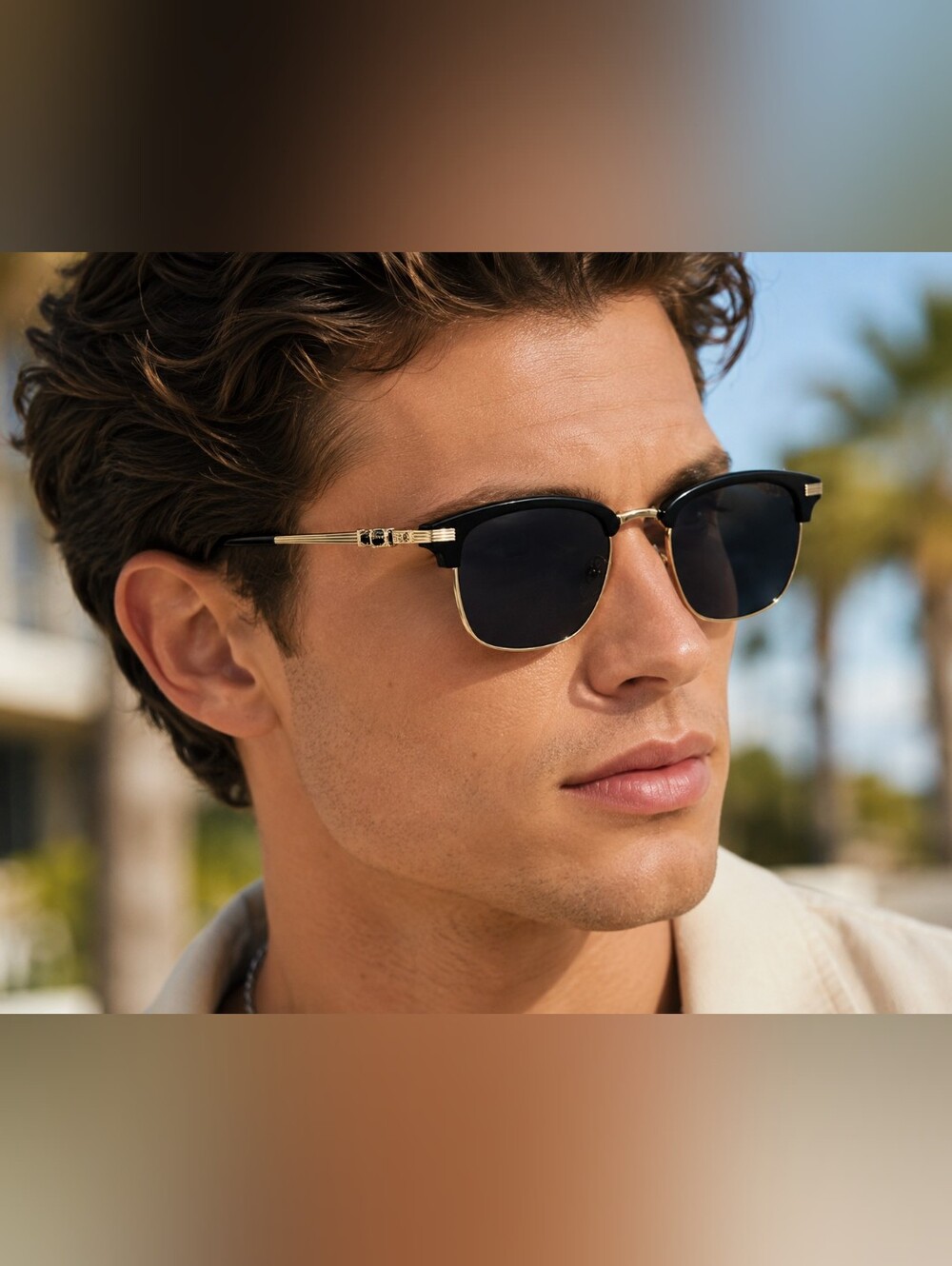 Vintage Style Half Rim Polarized Sunglasses Black Gold Rectangle UV400 Unisex